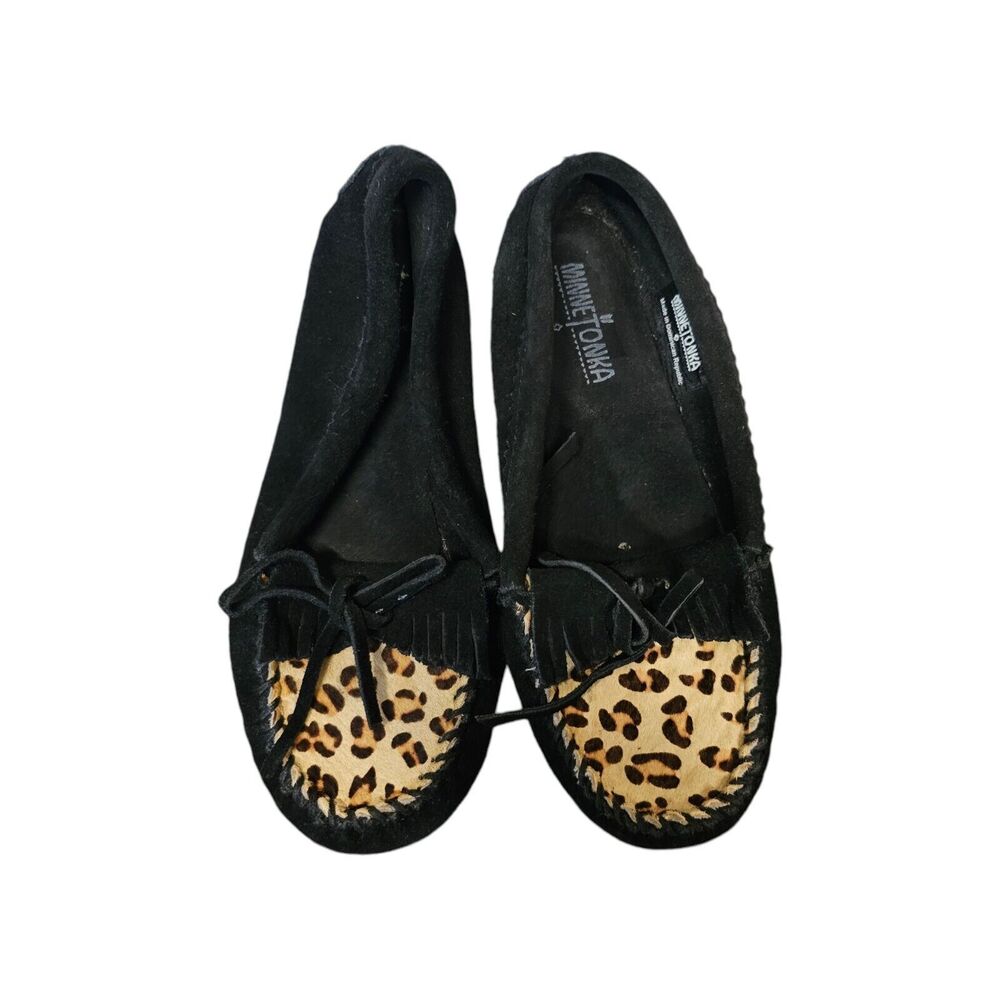 Minnetonka Leopard Kilty Moccasins Calf Hair Slip On 6.5